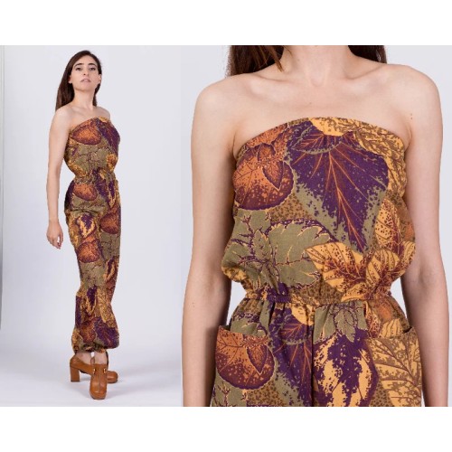 Vintage Boho Autumn Floral Strapless Jumpsuit - Extra Small