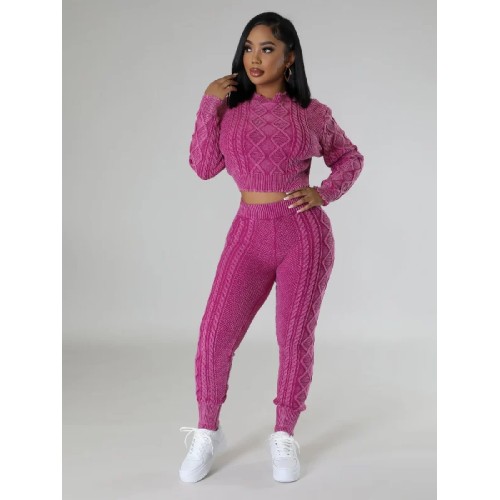 FZ Women's Washed Vintage Knitted Rhombus Plaid Cable Sweater Pants Suit