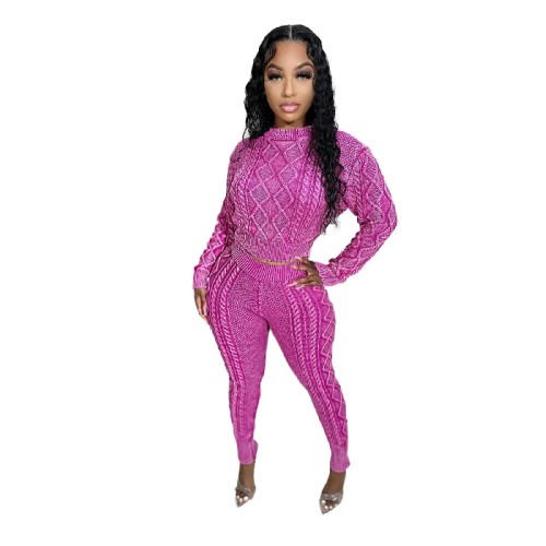 FZ Women's Washed Vintage Knitted Rhombus Plaid Cable Sweater Pants Suit