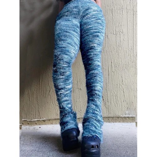 Melange Knit Colorful Striped Stacked Sweater Furry Pants Women
